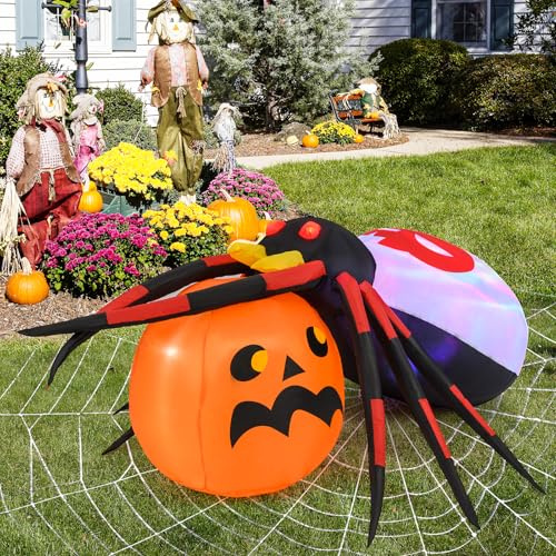 GYMAX Halloween aufblasbare Dekoration 150 x 140 cm, Halloween-Spinne & Kürbis, aufblasbar Dekoration mit farbigem rotierendem LED-Lichtern & Erdnägeln, aufblasbare Kürbis Spinne für Innen & Außen
