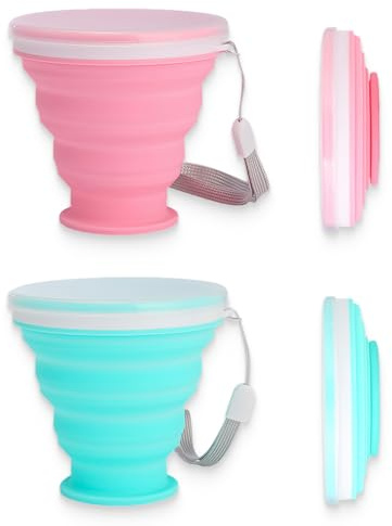 KOLZEMV 2 Stück Silikon Faltbare Becher mit Kunststoff Deckel, faltbecher, faltbarer becher, Bpa-Frei Faltbecher,Wiederverwendbar Faltbarer Becher FüR Outdoor Camping Picknick Wandern Reisen