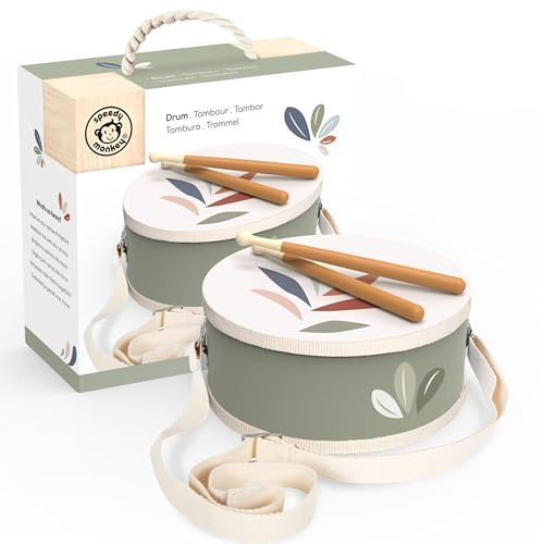 SPEEDY MONKEY Juego de batería para niños, kit de tambor de madera FSC con correa ajustable y 2 baquetas, colorido instrumento de percusión para ritmo y música, divertido juguete musical preescolar