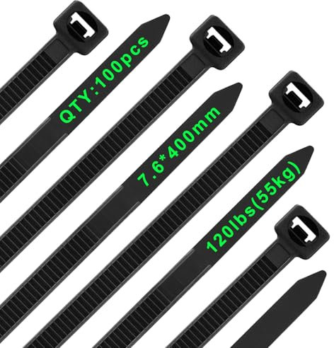 Viuxule 100 Pack Cable Ties Heavy Duty 120lbs, 16in Long Zip Tie Black, 400mm × 7.6mm Wire Ties UV Resistant, Strong Nylon Plastic Self Locking Industrial Tie for Gardening, Indoor and Outdoor