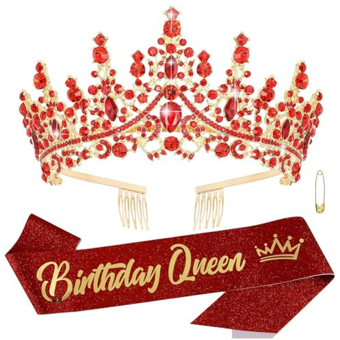 Rouge Tiara Cristal Couronne, Couronne Strass avec Ceinture Echarpe Birthday Queen,Cristal Tiara Kit pour Fille Femme Décoration de Fête