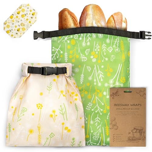 Playexen 2 Pack Reusable Bread Bags with Extra Beeswax Wrap, Large Freezer Sourdough Zipper Storage Bag for Homemade Bread to Keep Foods Fresh (Beige+Green)