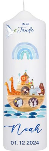 Taufkerze Mädchen oder für Jungen mit Taufspruch, Arche Noah 25 cm x 8 cm, personalisierte Kerze, bedruckte Kerze zur Taufe, Stumpenkerze zur Taufe, individuelles Taufgeschenk,blau
