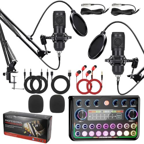 Benustra Paquete de equipos de podcast para 2, interfaz de audio con micrófono cardioide BM800 para jugadores y mezcladores de DJ, mezclador de audio con cambiador de voz para podcast, grabación