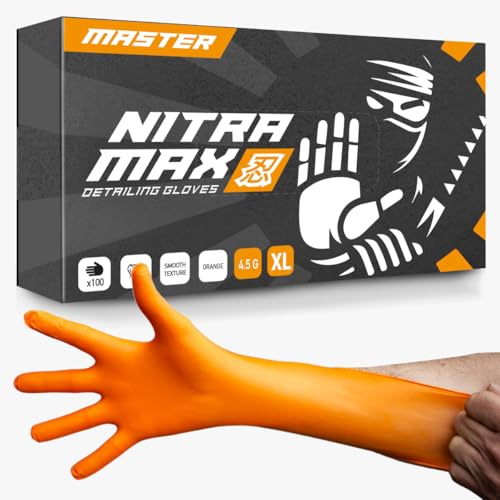 Nitramax 100 Master Pro Detailing Gloves | Orange Protective Gloves For Car Care | Latex Free, Powder Free, Disposable, Extra Strong, Comfort Fit (Extra Large)