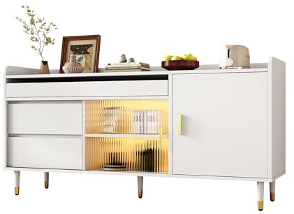 Generisch Armario con 2 puertas correderas y 3 cajones y 16 colores de iluminación LED, muebles de pasillo, cómoda de madera, 140 x 38 x 76 cm
