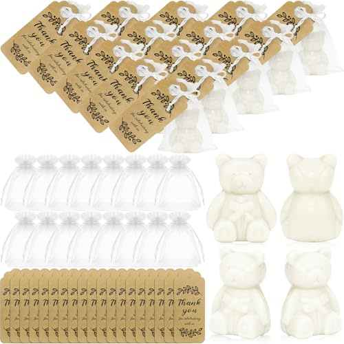 50 Pack White Bear Soap Favours with Thank You Cards and Bags | Bear-Shaped Soap Favours for Weddings, Receptions and Guest Events