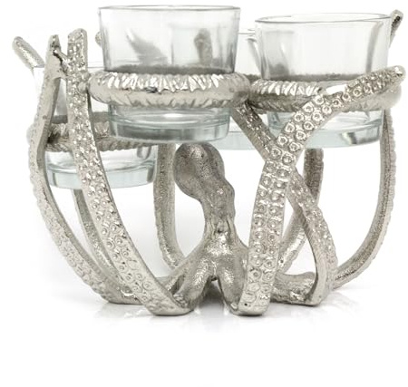 Octopus Tealight Candle Holder | Nautical Octopus with 4 Glass Candle Holders | Silver Aluminium Tea Light Candelabra - 19x17cm