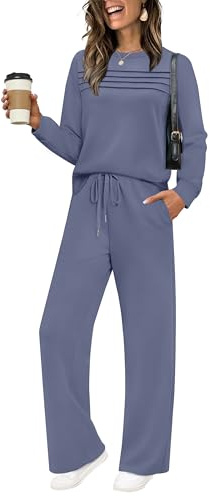 WIHOLL Women's Two Piece Outfits Fall Long Sleeve Travel Lounge Set Fashion Loungewear Wide Leg Tracksuit Winter Jumpsuits for Women Blue M