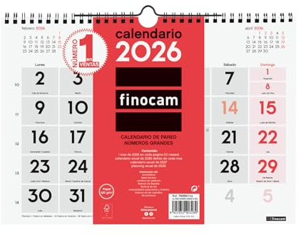 Finocam - Väggkalender stora siffror 2026 månadsvy januari - december (12 månader) | kalender 2026 | neutral månadsplanerare - spanska