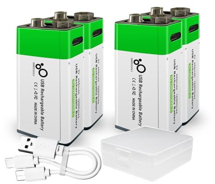 4 batterie ricaricabili da 9 V, USB/Type-C 9 V, agli ioni di litio ricaricabili, ad alta capacità, 650 mAh, 5920 mWh, batteria al litio ricaricabile, 1200 cicli, con cavo di ricarica