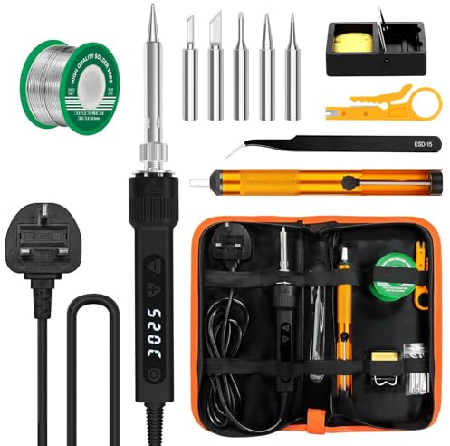 120W LED Soldering Iron Kit, 7s Fast Heating Adjustable Temp 180-520°C Auto Sleep Precision Welding Tools Electronics Repair with Solder Wire, 5 Soldering Iron Tips, Desoldering Pump, Stand, Tweezers
