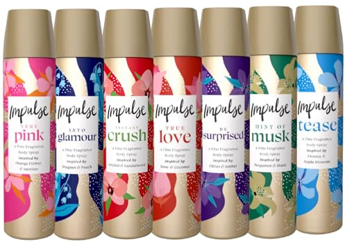 Impulse Body Spray for Women – 7 x 75ml Variety Pack Full Fragrance Set Featuring Very Pink, Hint of Musk, True Love, Be Surprised, Tease, Instant Crush, Into Glamour – Long-Lasting, Portable & Gentle