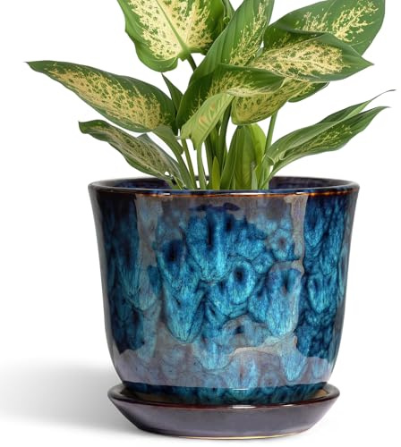 SUNPOTFOR Ceramic Pots for Plants - 5.6 Inch Plant Pot with Drainage Hole and Saucer, Round Succulent Flower Orchid Pot for Indoor Outdoor, Modern Planter, Home Room Decor, Gift for Plant Lover, Blue