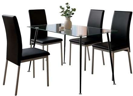 Juego de Comedor Mesa Cristal y 4 Sillas, Juego de Mesa Fija y 4 Sillas Salón, Mesa Rectangular Color Negro