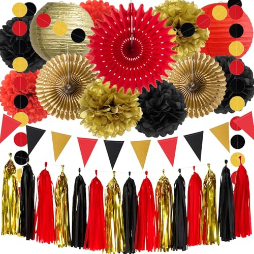 Schwarz Rot und Gold Dekoration Seidenpapier Pompons Papierlaternen Papierfächer Tassel Girlanden für Mädchen Frauen Casino Thema Hochzeit Geburtstag Gratulationen Baby Party Dekoration