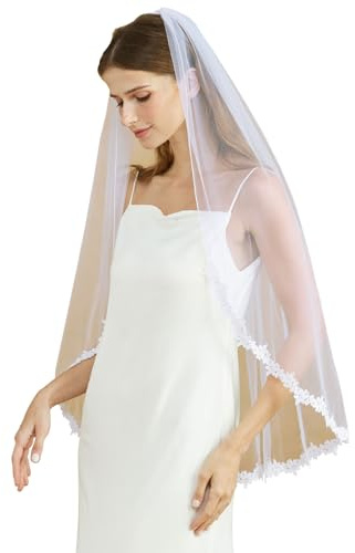 BEAUTELICATE Velo da sposa in tulle morbido da sposa in pizzo per matrimonio, velo monostrato con pettine in metallo bianco avorio, bianco, Fingerspitzen