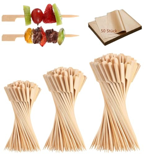 HSYTEK 150 Stück Bambus Spieße, 9cm/12cm/15cm Fingerfood Spieße mit 50 Ölabsorptionspapier, Cocktailspieße für Grillen, Vorspeisen, Cocktails, Obst und Sandwiches auf Party, Hochzeiten, Geburtstage