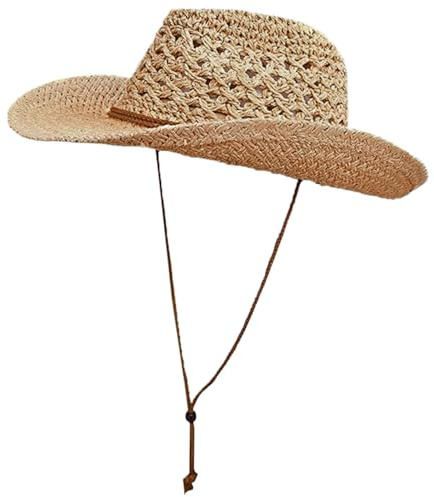 Vistnale Chapeau de Cowboy en Paille à Large Bord, Chapeau de Cow-Girl Occidental tissé Respirant avec mentonnière, Protection Solaire, Cowboy Kaki pour Pique-Nique en Bord mer, Plage |.Chapeaux