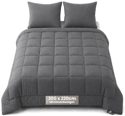 Slaapspeciaal Bettdecke ohne Bezug 200x220cm - Ganzjahresdecke Extra lang | Steppdecke Atmungsaktiv & Regulierend - Gelfasern für Daunengefühl - Waschbare Bettwäsche inkl. 2 Kissenbezügen - Grau