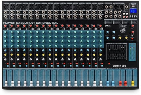 Mezclador digital DSP profesional con ajuste de tono mono de 4 bandas, 16 efectos de reverberación, monitoreo en tiempo real, entrada de agrupación dual, reproducción de disco MP3/U para uso en