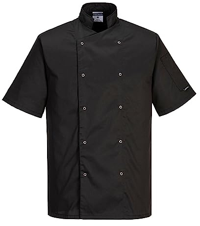 Portwest C733 Men's Cumbria Chef Jacket Lightweight Short Sleeve Durable Workwear Multi Functional Apron with Sleeve Pocket Machine Washable, Black, M