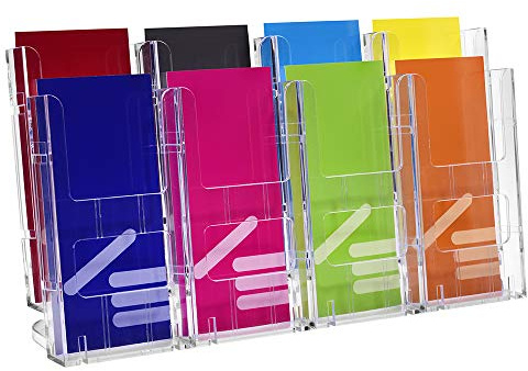 Tischprospekthalter DIN Lang (99x210mm) Hoch / 8 Fächer / transparent | Für Flyer und Prospekte in 99x210 mm, 23mm Fülltiefe je Fach, freistehend, transparent