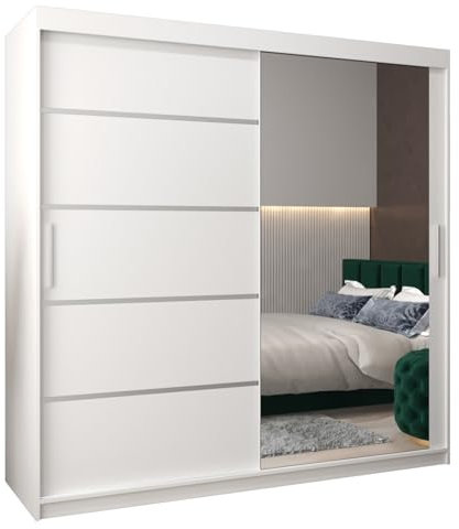 MEBLE KRYSPOL Kleiderschrank mit Spiegel Verona 2 - Garderobenschrank - Schrank Schlafzimmer - Mehrzweckschrank Zwei Schiebetüren - Regalen - Flur Möbel - Kleiderstange Schrank - Allzweckschrank