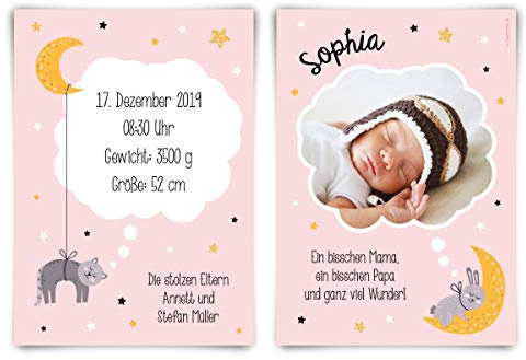 10 x Geburtskarten Babykarten individuell für Junge oder Mädchen - Mondkatze Rosa