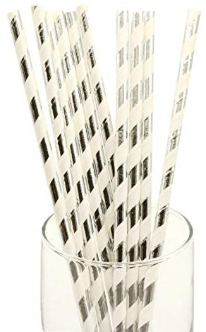 100 cannucce di carta biodegradabili, senza plastica, per feste, compleanni, matrimoni, decorazioni fai da te, San Valentino, in colori vivaci a righe (argento con strisce bianche)