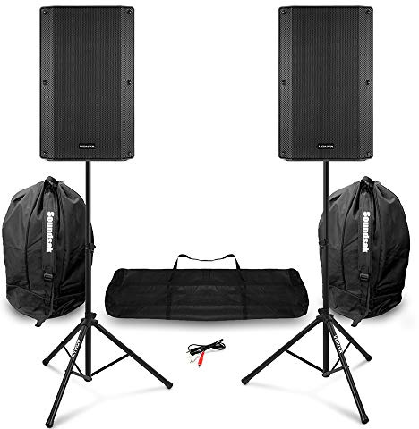 VONYX VSA120S 12 Active DJ Speakers Pair with Stands, Bags, Cable, 800W Powered Speaker System, Bluetooth, USB MP3, Guitar & Mic Inputs, Adjustable Bass and Treble Controls