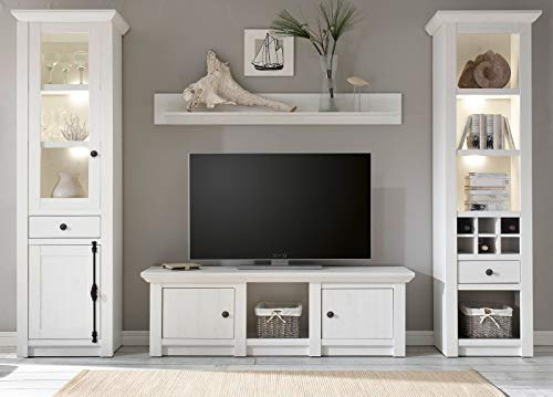 Wohnwand Mediawand Landhausstil Hooge in Pinie weiß Landhaus Schrankwand Multimediawand Anbauwand Fernsehschrank 4-teilig (1 x Vitrine, 1 x Wandboard, 1 x TV-Lowboard, 1 x Regal) 293 x 207 cm
