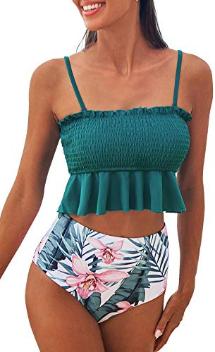 CUPSHE Bikini-set, bandeau, fina badkläder med volanger och hög midja, tvådelad baddräkt, Blågrön, S