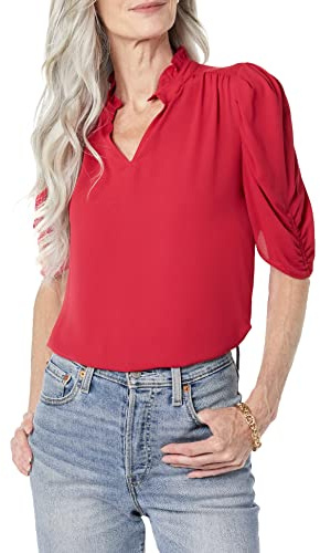Amazon Essentials Chemisier léger en crêpe Georgette tissée à Manches mi-Longues et col à Volants Femme, Rouge Framboise, XS