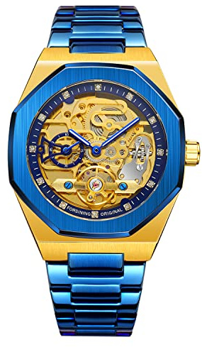 Herrklocka, tourbillon-design, analog klocka med skeletturtavla, automatisk klocka i rostfritt stål, mekanisk klocka för män, Blå guld