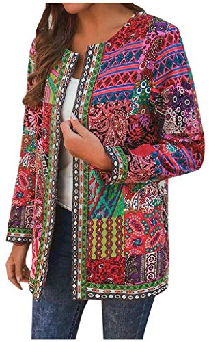 Generisk damjeansjackor vintage etnisk stil tryck blus casual kofta långärmad toppar sommar tunn jacka övergångsjacka vår höst mode casual ytterkläder, röd, XXL