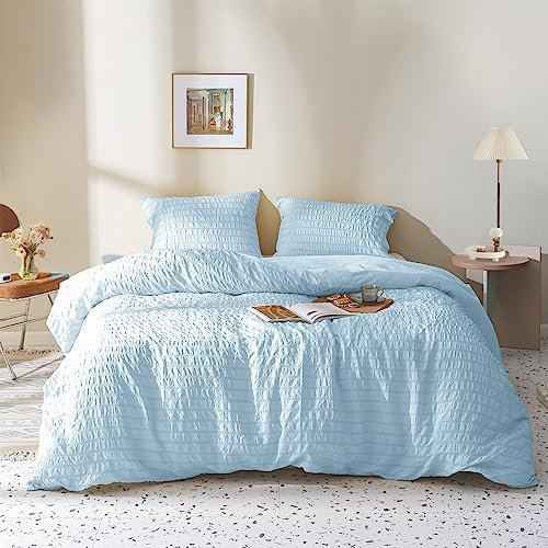 DXHOME Seersucker Bettwäsche 220x240cm Blau 3Teilig Mädchen Geprägt Streifen Strukturiert Mikrofaser Einzelbett Bettbezug mit Reißverschluss und 2 Kissenbezüge 80 x 80cm