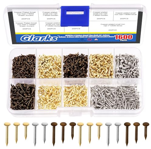 Glarks 1600Pcs Small Tiny Nails Kit Wooden Screw Nail Gold Silver Bronze 1x6mm, 1x8mm 1x10mm Mini Nails for DIY Hardware Accessories Fixed Installation