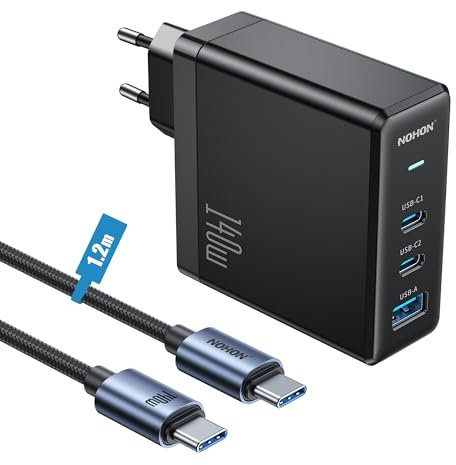 NOHON Cargador USB C Rápido Cargador: 140 W PD 3.0 GAN Fuente de Alimentación con Cable Tipo C Carga Rápida 140 W 1,2 M | 3 Puertos Compatible con iPhone 12 13 14 15 MacBook iPad Laptop Samsung S