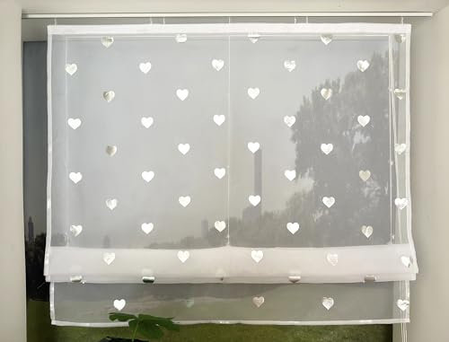 Devola Raffrollo mit Glanzmuster Raffgardinen Modern Küche Transparent Fertiggardine Gardinen Silber Glänzend Voile Raffrollo HxB 140x80cm Herzmuster mit Klettband 1 Stück