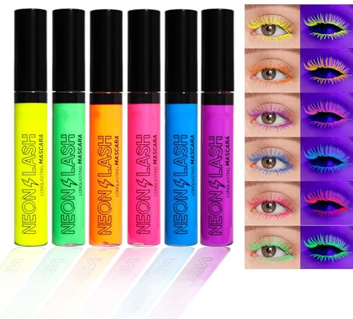 Mrettick Neon Mascara 6 färger, vattentät, långvarig, ingen klumpning, färgglad stark ögonmakeup för dagligt bruk och halloween julfest bröllop
