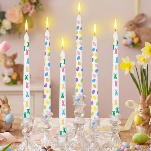 Threlaco 12 Pcs Easter Taper Candles Set 10 Inch Pastel Spring Easter Bunny Egg Candle Sticks for Table Decoration Dinner Party Holiday Decor Basket Stuffer