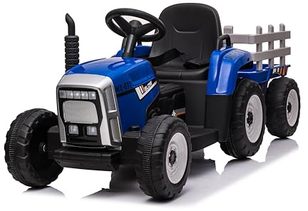 FINOOS 12 V eltraktor för barn med spade och avtagbar trailer, barn elfordon med LED-ljus och musik och horn, 2,4G fjärrkontroll, 2–6 km/h för barn från 1 år + (blå)