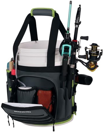 Boomistry Fishing Bucket Organizer for 5 Gallon Bucket Accessories, Fishing Tackle Bag with Adjustable Buckle, Fishing Rod Bag with 15 Multi-Pockets for Fishing Gear and Equipment (Dark Gray)