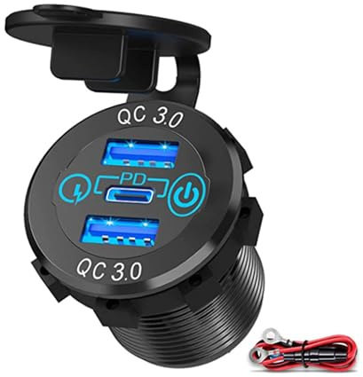 Chargeur de téléphone portable USB pour voiture 2 ports QC3.0 Quick Charge + 1 port PD | Interrupteur marche/arrêt, pour véhicules, bateaux, motos, SUV, bus, camion, caravane