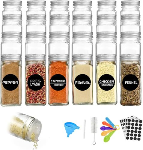 ZHYLUO 120ml Pot A Epices Verre Set de 24 Bocaux Carré, Bocaux à Épices En VerreTransparent,Boite Cuisine, Bocal Avec Couvercle Hermetiques Tamis Étiquettes Brosser Entonnoir Cuillère