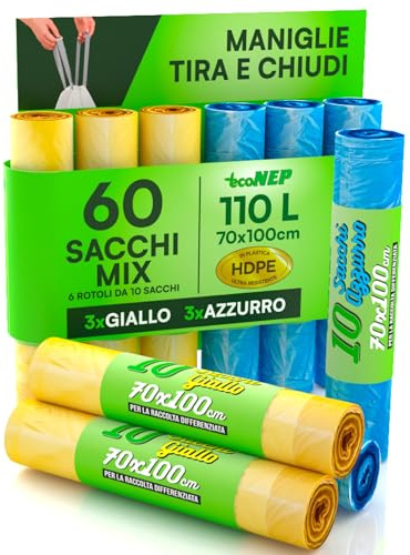 60 Sacchi per Raccolta Differenziata in Plastica HDPE 70x100cm 110L con Maniglie Tira e Chiudi Colore Giallo e Azzurro Sacchetti Antiforo per Rifiuti Pattumiera Condominiale 6 Rotoli a Strappo