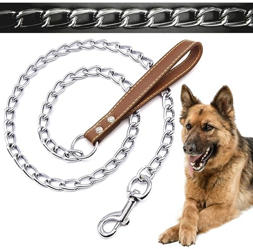 4ft (4mm) Premium DOG CHAIN with STRAP Chew Proof Dog Lead Hook Heavy Duty Outdoor Dog Camping Accessories Walking Dog Leashes Dog Chain Training Lead for Dogs (Brown, 4mm (120cm))