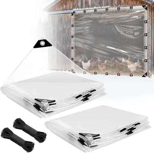 8x10ft Anti-Tear Clear Tarp Waterproof - 2pcs Windproof Poly Tarpaulin, Heavy Duty Transparent Enclosure with Grommets for Covering Chicken Coops Greenhouse Garden Plants