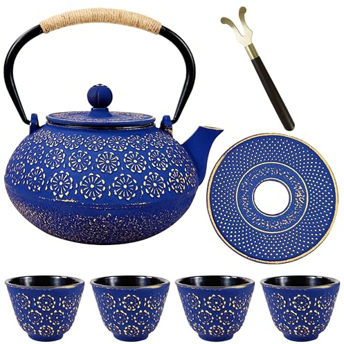 Set da tè giapponese, teiera in ghisa per piano cottura, teiera con infusori per tè sfuso, bollitore da tè con 4 tazze, sottopentola e sollevatore, teiera con design floreale, rivestita con interno